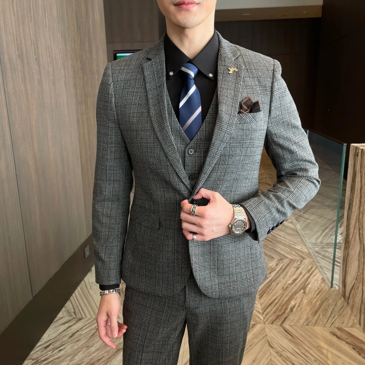 High-Quality British Korean Style Plaid Men's 3-Piece Business Casual Suit Set - MANDOTOS INTERNATIONAL