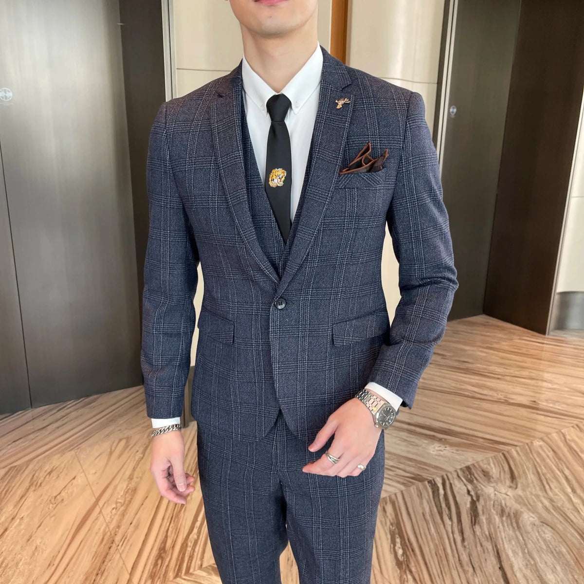 High-Quality British Korean Style Plaid Men's 3-Piece Business Casual Suit Set - MANDOTOS INTERNATIONAL