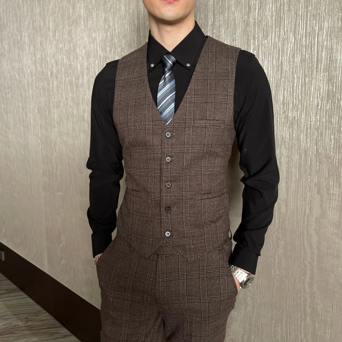 High-Quality British Korean Style Plaid Men's 3-Piece Business Casual Suit Set - MANDOTOS INTERNATIONAL