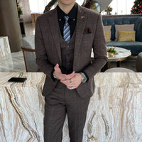 High-Quality British Korean Style Plaid Men's 3-Piece Business Casual Suit Set - MANDOTOS INTERNATIONAL