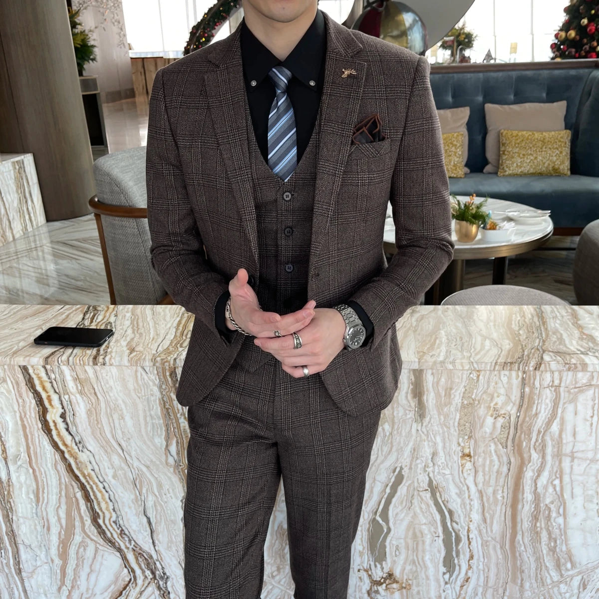 High-Quality British Korean Style Plaid Men's 3-Piece Business Casual Suit Set - MANDOTOS INTERNATIONAL
