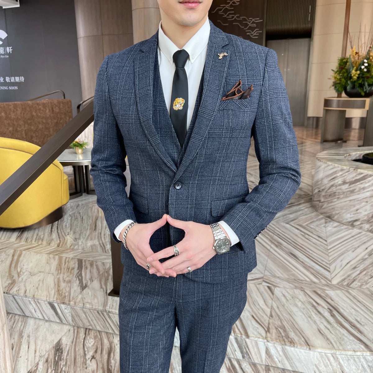 High-Quality British Korean Style Plaid Men's 3-Piece Business Casual Suit Set - MANDOTOS INTERNATIONAL