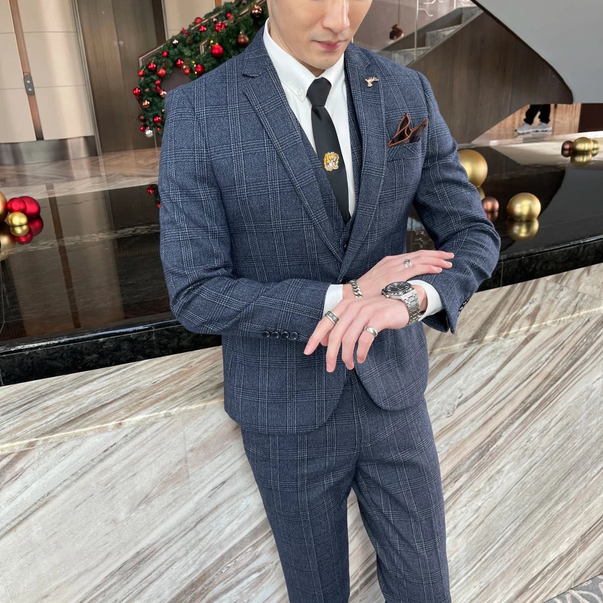 High-Quality British Korean Style Plaid Men's 3-Piece Business Casual Suit Set - MANDOTOS INTERNATIONAL