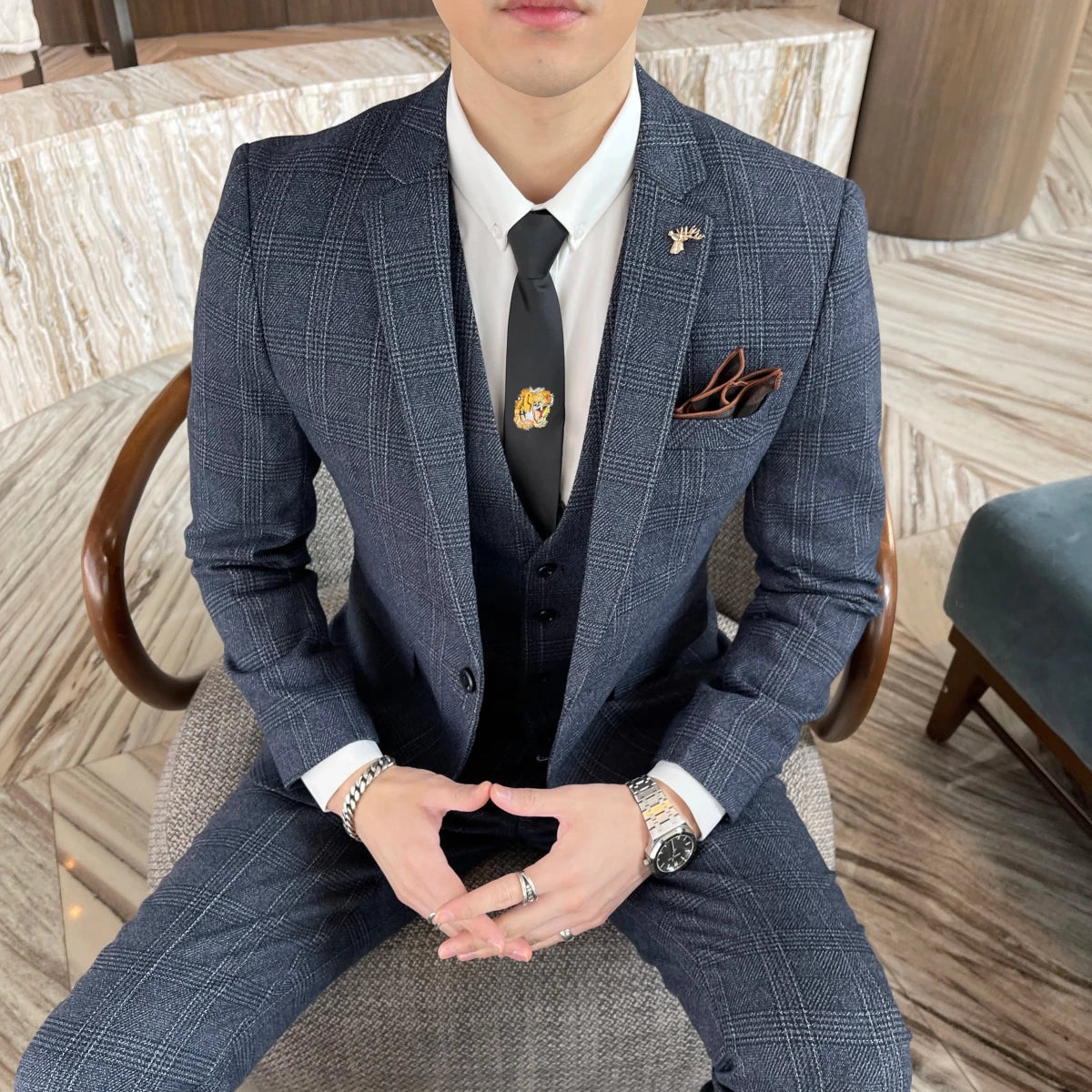 High-Quality British Korean Style Plaid Men's 3-Piece Business Casual Suit Set - MANDOTOS INTERNATIONAL