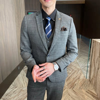 High-Quality British Korean Style Plaid Men's 3-Piece Business Casual Suit Set - MANDOTOS INTERNATIONAL