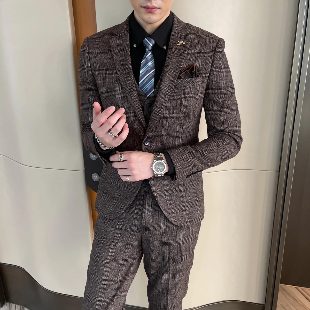 High-Quality British Korean Style Plaid Men's 3-Piece Business Casual Suit Set - MANDOTOS INTERNATIONAL