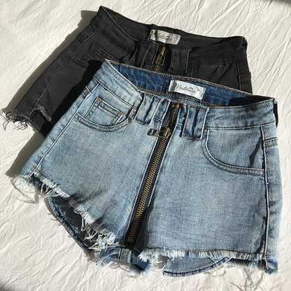 High Waist Xuan Ya Outwear Hip Zipper Denim Shorts - MANDOTOS
