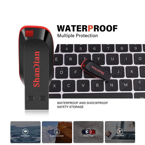 Black high-capacity USB 2.0 flash drives in 128GB, 64GB, and 32GB with keychain attachment, ideal for business storage.