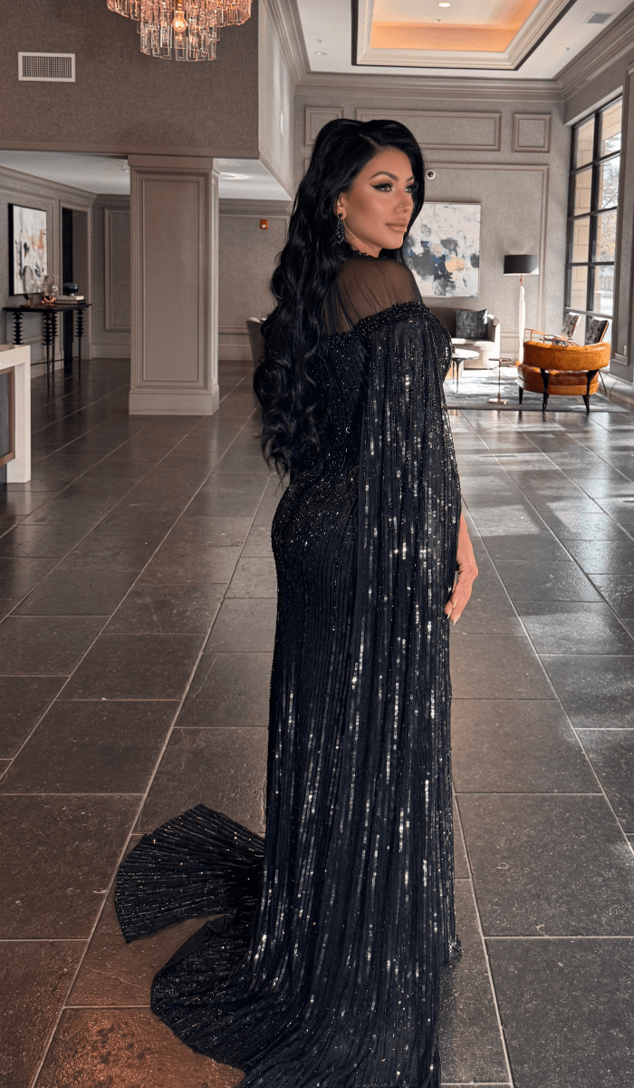 Hosna Long Sleeve drape Sequin Embellished Modest Dress - MANDOTOS INTERNATIONALDresses