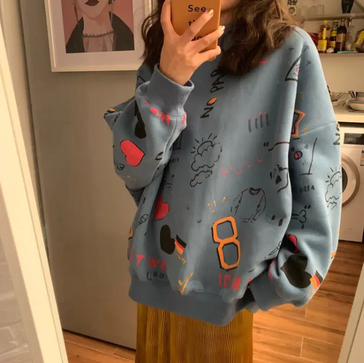 Blue oversized Chic Loose Women's Thick Long Sleeve Sweatshirt Dress with colorful graphic doodles.