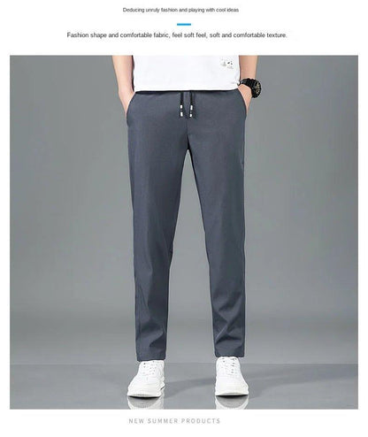 Ice Silk Men's Pants 2025 Summer New Black Gray Thin Business Casual Pants Outdoor Elastic Breathable Straight Leg Sweatpants - MANDOTOS