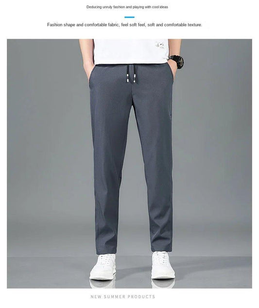 Ice Silk Men's Pants 2025 Summer New Black Gray Thin Business Casual Pants Outdoor Elastic Breathable Straight Leg Sweatpants - MANDOTOS