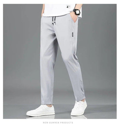 Ice Silk Men's Pants 2025 Summer New Black Gray Thin Business Casual Pants Outdoor Elastic Breathable Straight Leg Sweatpants - MANDOTOS