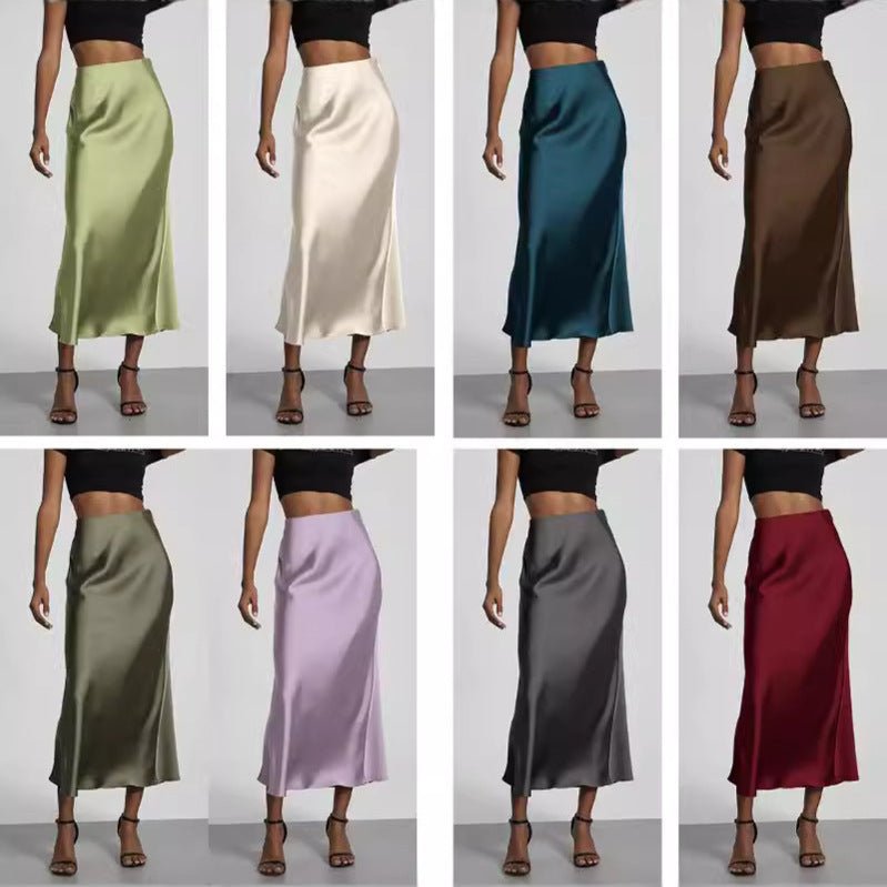 In-Stock Cross-Border Women's Clothing Wholesale European and American Style Elegant Satin Midi Skirt Slimming and Flowy - MANDOTOS INTERNATIONAL