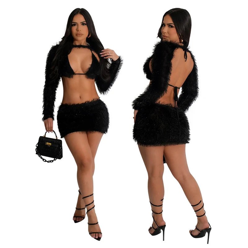 In Stock CY900970 Fleece 3 Piece Set Bikini Skirt Set Club Party Clothing for Ladies - MANDOTOS INTERNATIONAL