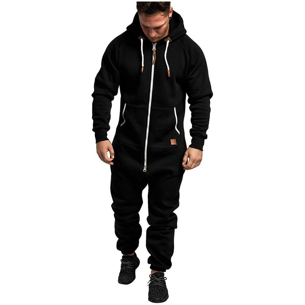 In-Stock New Foreign Trade Men's Hooded Fleece Jumpsuit Solid Color Casual Men's Suit Jumpsuit - MANDOTOS INTERNATIONAL