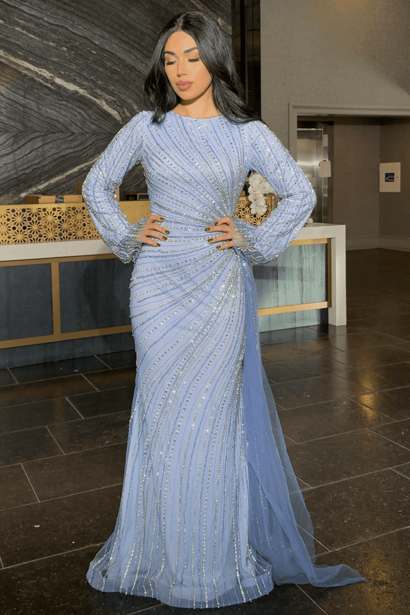 Abira Sequin Modest Neckline Long Sleeve Embellished Dress With Side Skirt - MANDOTOS INTERNATIONALDresses