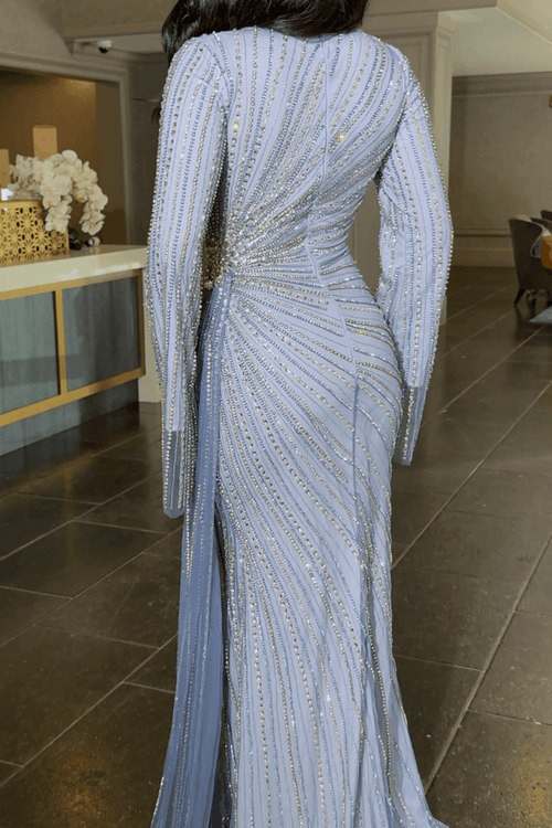 Abira Sequin Modest Neckline Long Sleeve Embellished Dress With Side Skirt - MANDOTOS INTERNATIONALDresses
