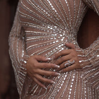 Abira Sequin Modest Neckline Long Sleeve Embellished Dress With Side Skirt - MANDOTOS INTERNATIONALDresses