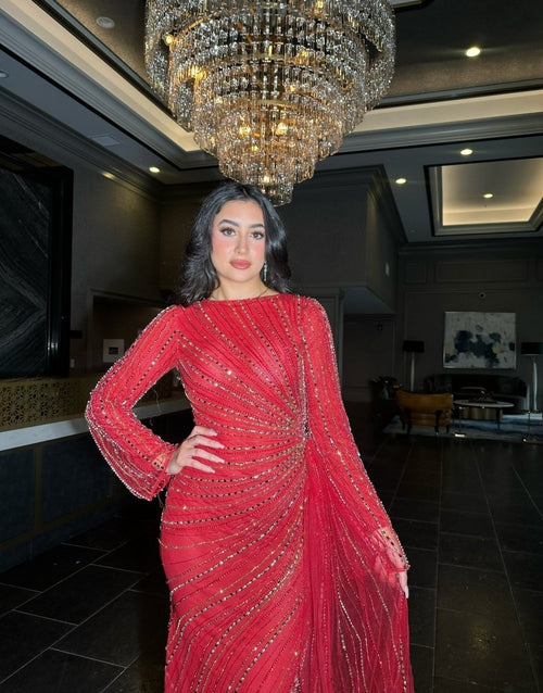 Abira Sequin Modest Neckline Long Sleeve Embellished Dress With Side Skirt - MANDOTOS INTERNATIONALDresses