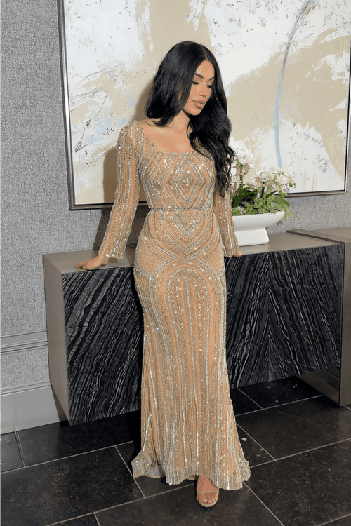 Reema Sequin Modest Square Neckline Long Sleeve Embellished Dress - MANDOTOS INTERNATIONALDresses