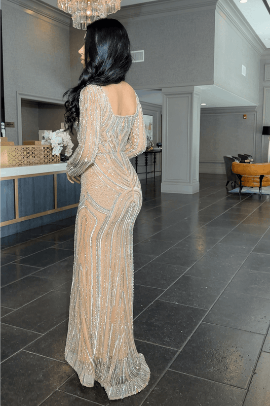 Reema Sequin Modest Square Neckline Long Sleeve Embellished Dress - MANDOTOS INTERNATIONALDresses