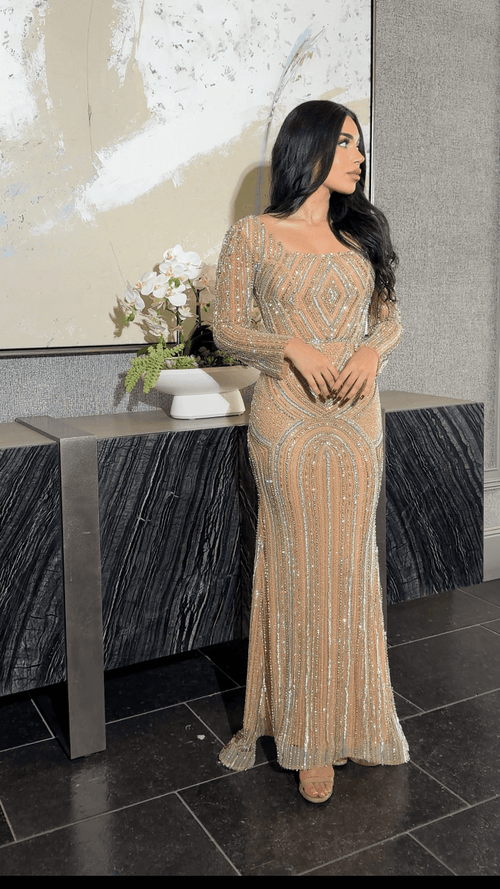 Reema Sequin Modest Square Neckline Long Sleeve Embellished Dress - MANDOTOS INTERNATIONALDresses