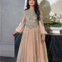 Bashira Long Sleeve Embellished Sequin Modest Ball Gown - MANDOTOS INTERNATIONALLong Dress