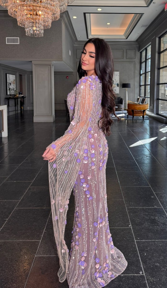 Basima Long Sleeve Floral Sequin Embellished Modest Evening Dress - MANDOTOS INTERNATIONALLong Dress