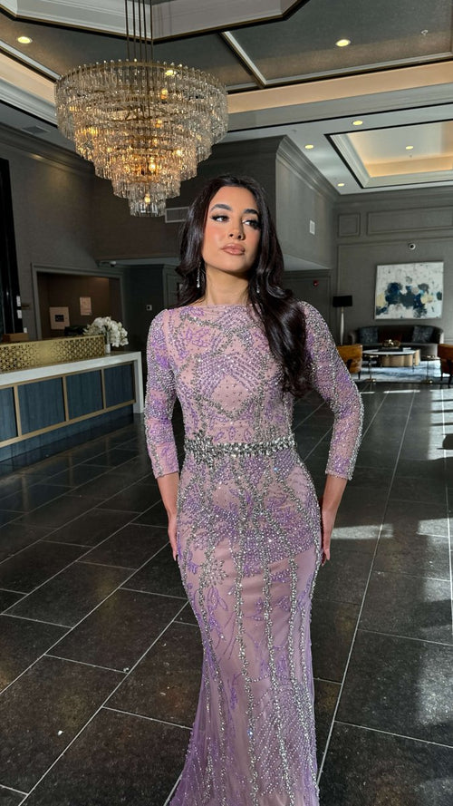 Fariza Long Sleeve Modest Beaded Embellished Evening Dress - MANDOTOS INTERNATIONALLong Dress