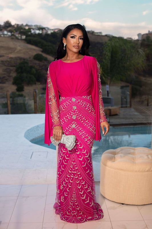 Hosai Embellished Dramatic Long Sleeve Modest Evening Dress - MANDOTOS INTERNATIONALLong Dress