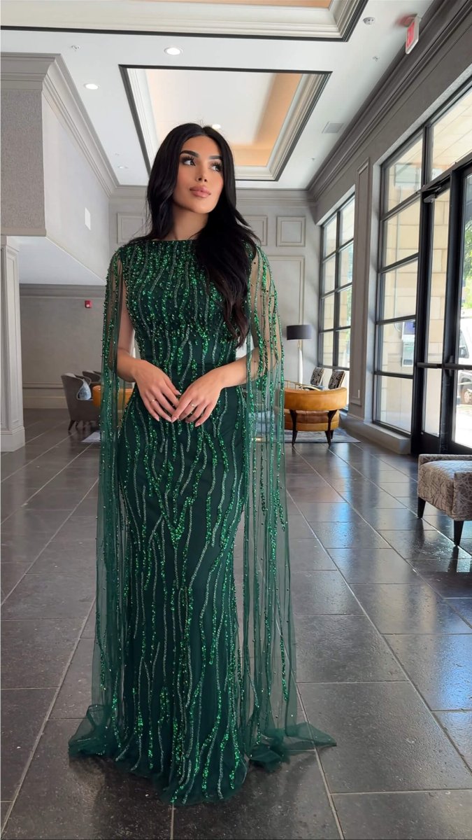 Faramah Drape Sleeves Embellished Fitted Sequin Modest Evening Dress - MANDOTOS INTERNATIONALLong Dresses