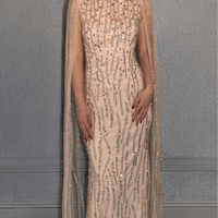 Faramah Drape Sleeves Embellished Fitted Sequin Modest Evening Dress - MANDOTOS INTERNATIONALLong Dresses