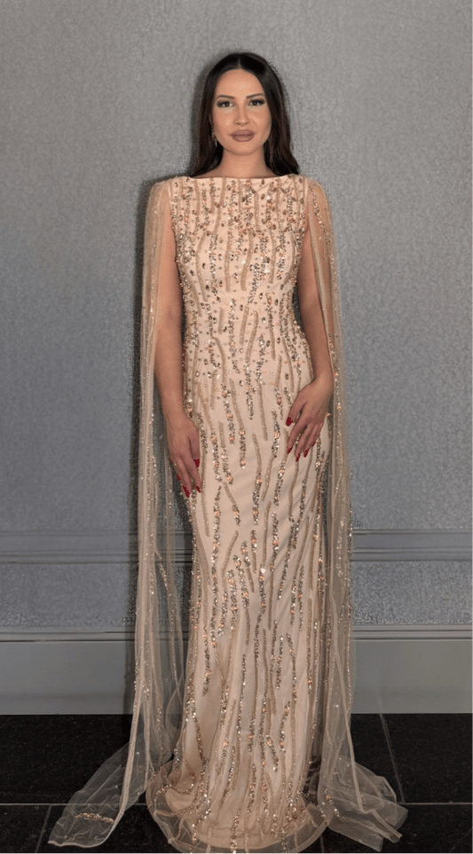 Faramah Drape Sleeves Embellished Fitted Sequin Modest Evening Dress - MANDOTOS INTERNATIONALLong Dresses