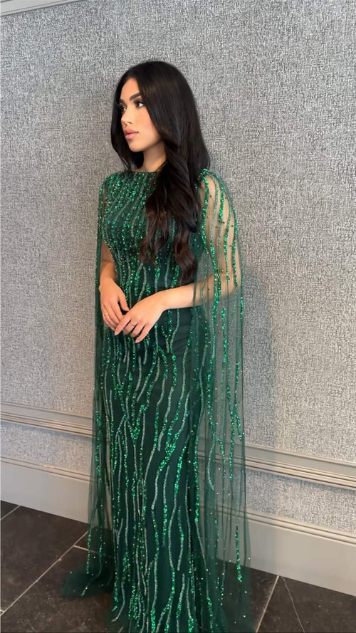 Faramah Drape Sleeves Embellished Fitted Sequin Modest Evening Dress - MANDOTOS INTERNATIONALLong Dresses