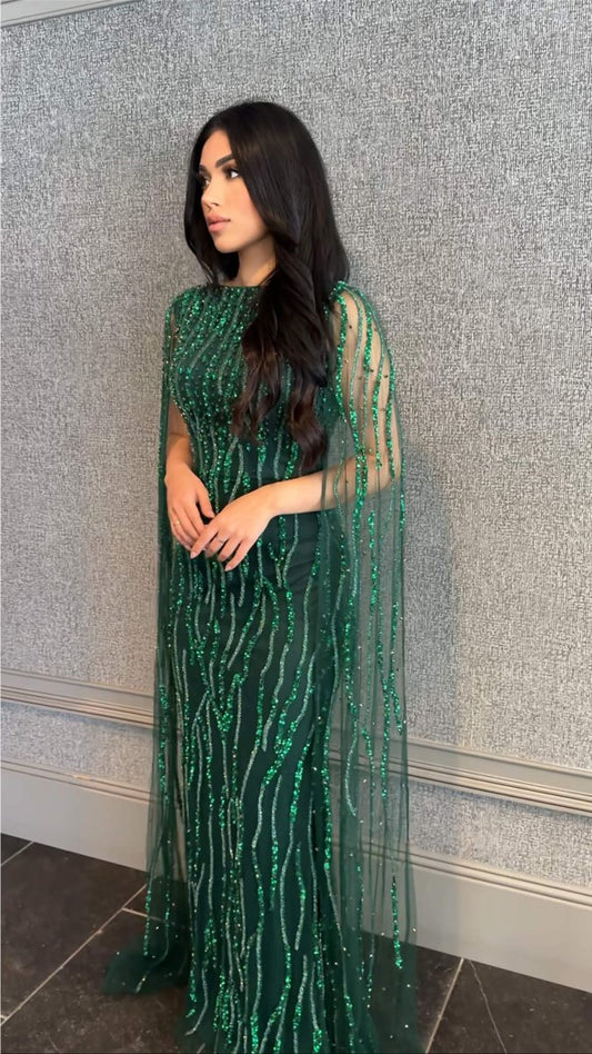 Faramah Drape Sleeves Embellished Fitted Sequin Modest Evening Dress - MANDOTOS INTERNATIONALLong Dresses