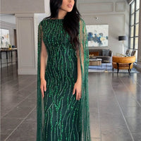 Faramah Drape Sleeves Embellished Fitted Sequin Modest Evening Dress - MANDOTOS INTERNATIONALLong Dresses