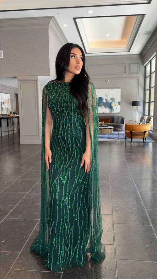 Faramah Drape Sleeves Embellished Fitted Sequin Modest Evening Dress - MANDOTOS INTERNATIONALLong Dresses