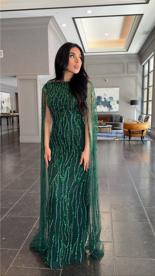 Faramah Drape Sleeves Embellished Fitted Sequin Modest Evening Dress - MANDOTOS INTERNATIONALLong Dresses