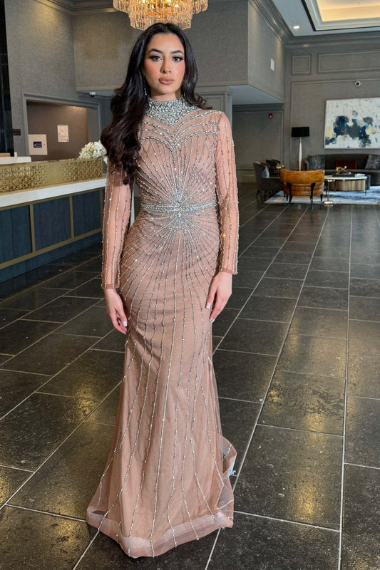 Rania Long Sleeve Beaded High Neck Dress - MANDOTOS INTERNATIONALLong Dresses