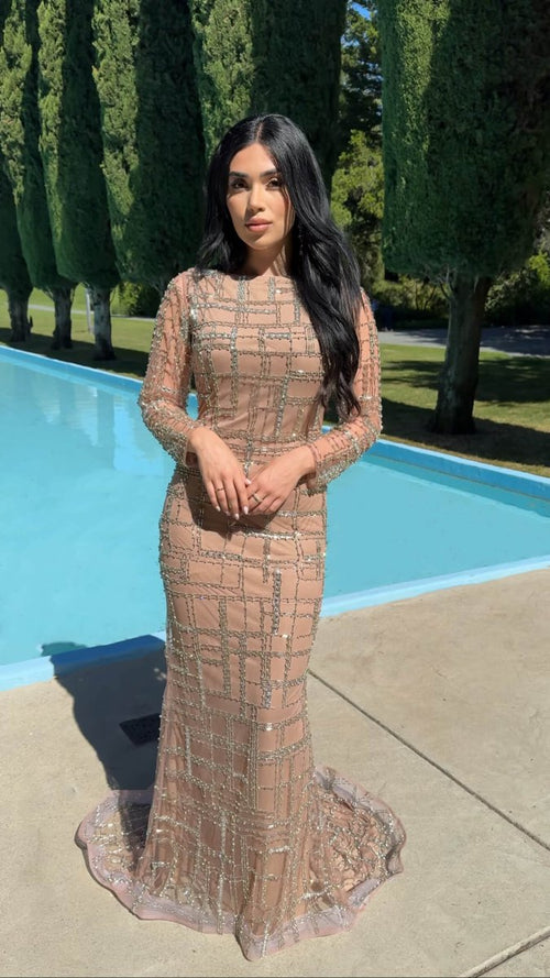 Sahara Embellished Silver Beaded Modest Long Sleeve Dresses - MANDOTOS INTERNATIONALLong Dresses