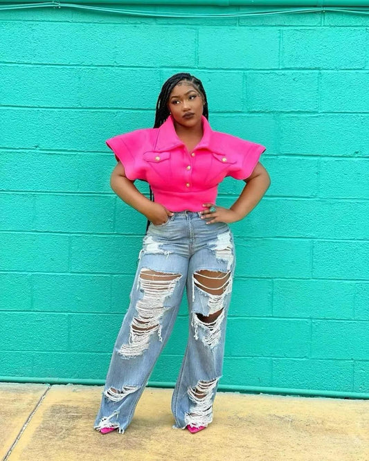 Jeans Women Long Pants Elegant Splice Denim Pant Slim Y2k Sexy Hole High Waist Button Pocket Straight Trousers Summer 2024 - MANDOTOS