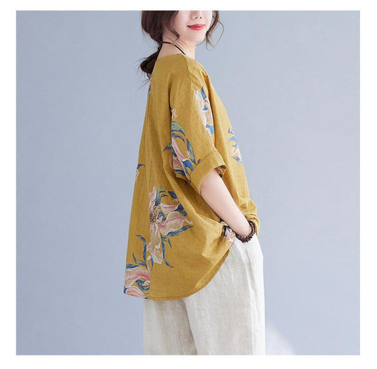 Korean Cotton Hemp Fat Mm Half Sleeve Top Summer - MANDOTOS