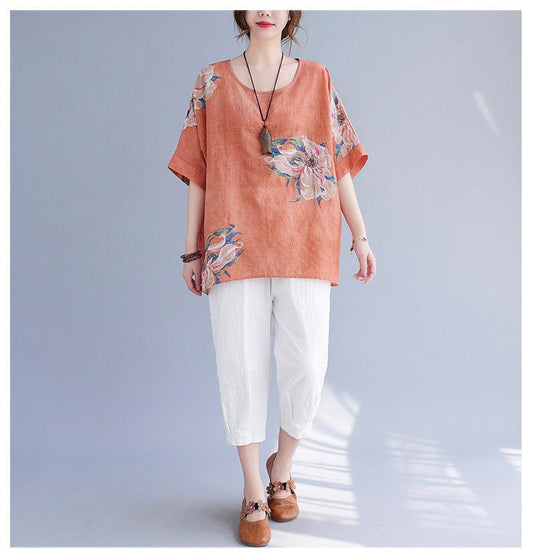 Korean Cotton Hemp Fat Mm Half Sleeve Top Summer - MANDOTOS