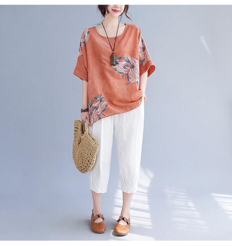 Korean Cotton Hemp Fat Mm Half Sleeve Top Summer - MANDOTOS