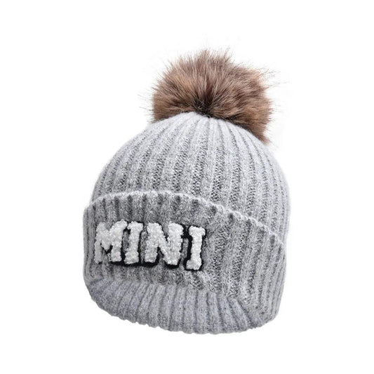 Kunyeah 3Pcs Parent-Child Beanie Hat Mama Papa Baby Matching Hats Winter Warm Cap with Pom-Pom Women Men Knitted Hat - MANDOTOS