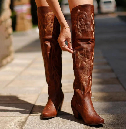 Ladies High Heel Ethnic Embroidered Over Knee Boots - MANDOTOS
