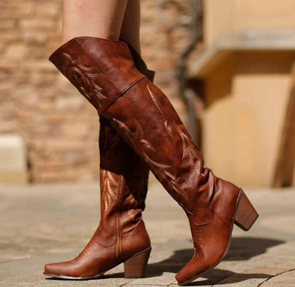Ladies High Heel Ethnic Embroidered Over Knee Boots - MANDOTOS
