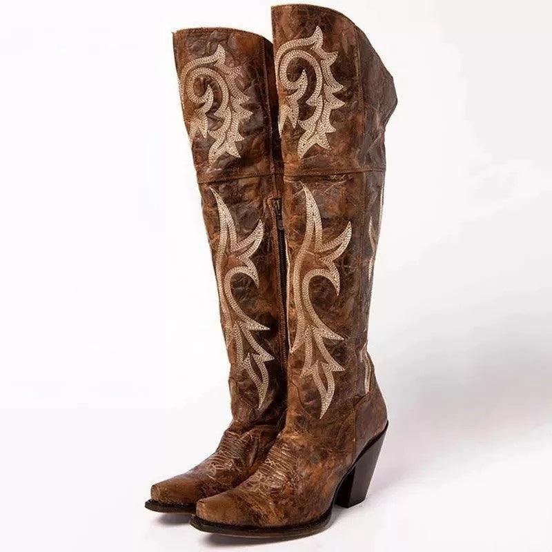 Ladies High Heel Ethnic Embroidered Over Knee Boots - MANDOTOS
