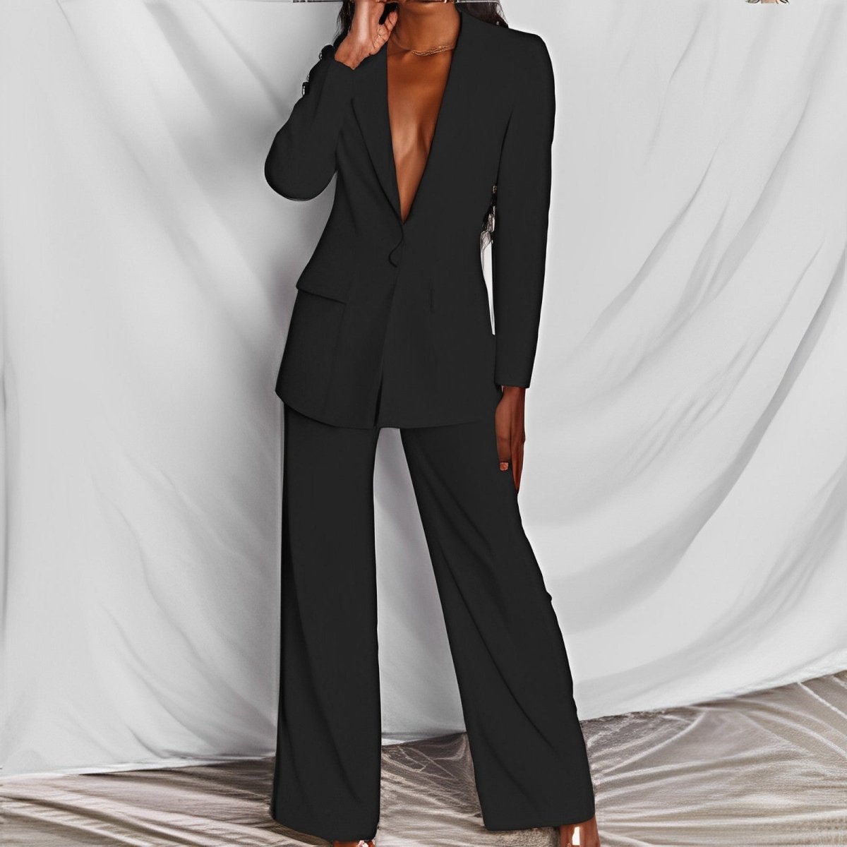 Lapel Button-Down Blazer & Straight-Leg Trousers Suit - MANDOTOS INTERNATIONALTwo-Piece Set